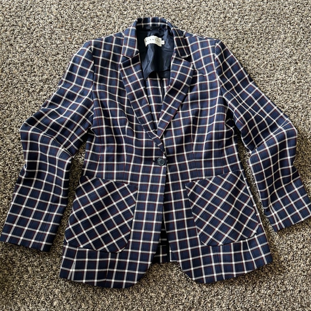 BLANCHE Navy Plaid Blazer with Burgundy and White Windowpane size 36/8